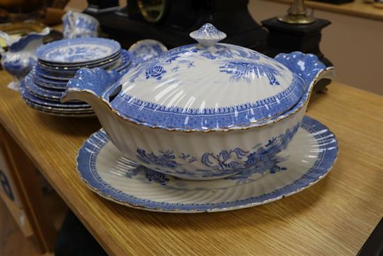 A blue and white Samuel Alcock china, plates, cups and saucers, soup tureen, ladle and dish